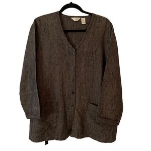 J. Jill Brown Linen V-Neck Button Up Jacket with Patch Pockets on Front